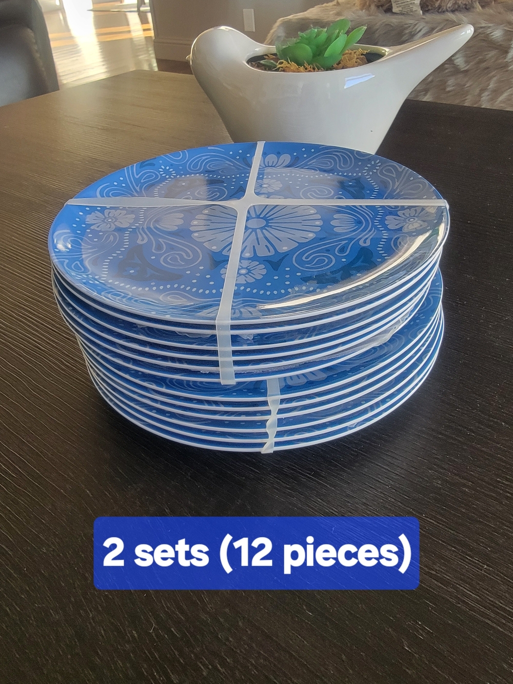 NEW CWC Cook With Color 2 Sets Of 6 BLUE Floral Melamine 8" Plates (12 pieces) C